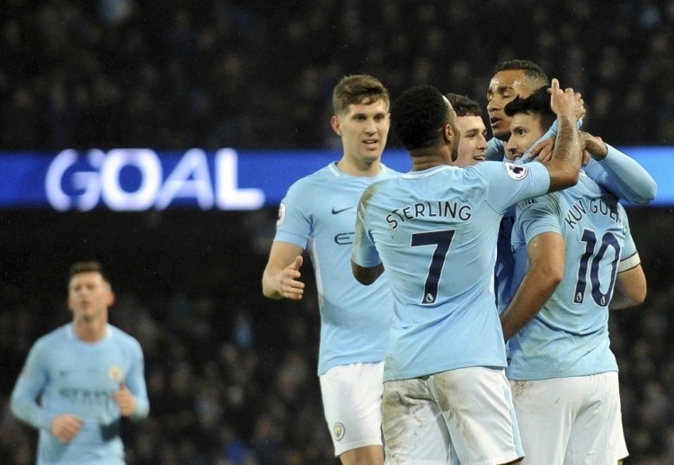 Sergio Aguero celebrates after scoring his side's fifth goal in their match against betting odds rivals Leicester City