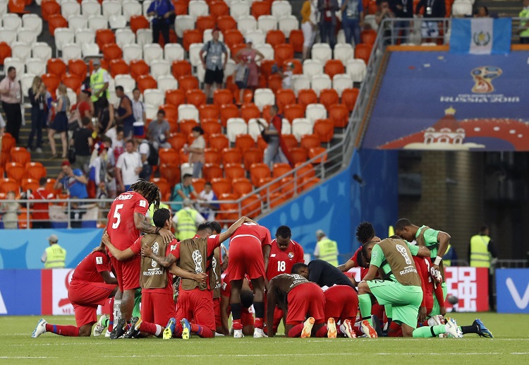 Panama players pray inside the pitch after their final game in World Cup 2018 against Tunisia