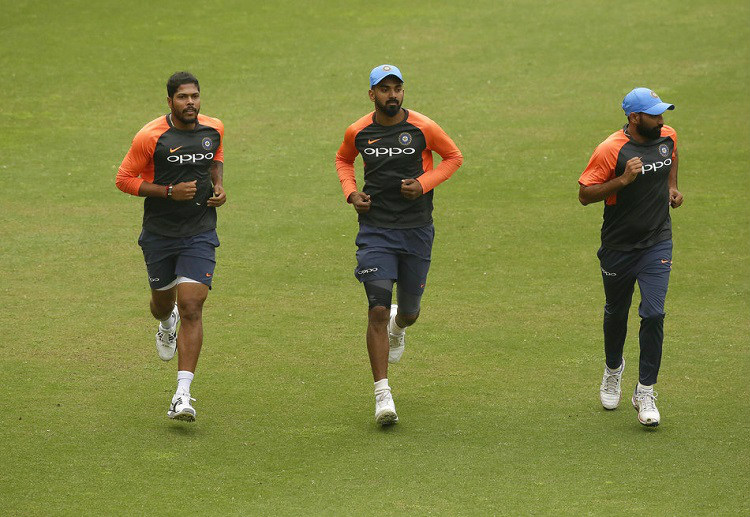 Umesh Yadav, Lokesh Rahul, and Mohammed Shami train before the first ODI India vs West Indies match