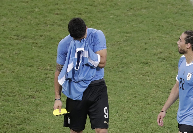 Luis Suarez looks upset after failing to convert the penalty into a goal in Uruguay's Copa America clash with Peru