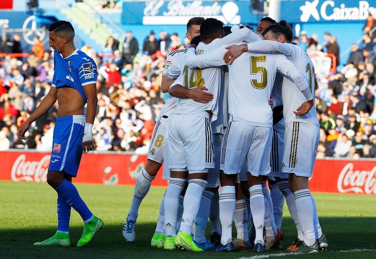Raphael Varane scores in the 34th minute to open the scoring for Real Madrid in their La Liga clash against Getafe