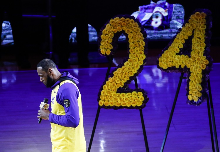 Lakers star LeBron James wears a Kobe Bryant jersey as he gives a speech during the tribute to the basketball legend