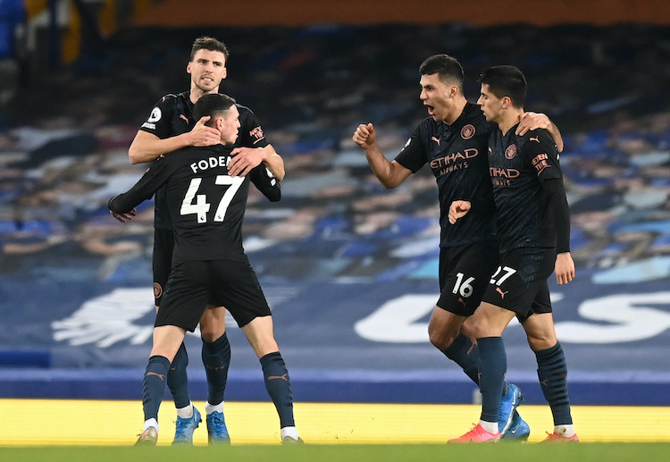 Phil Foden scores the opening goal for Manchester City against Everton in their recent Premier League clash