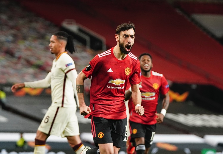 Bruno Fernandes opens the scoring for Manchester United’s Europa League semi-final first leg clash with AS Roma