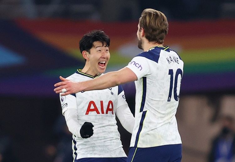 Tottenham Hotspur duo Harry Kane and Son Heung-min celebrate scoring a goal in the Premier League