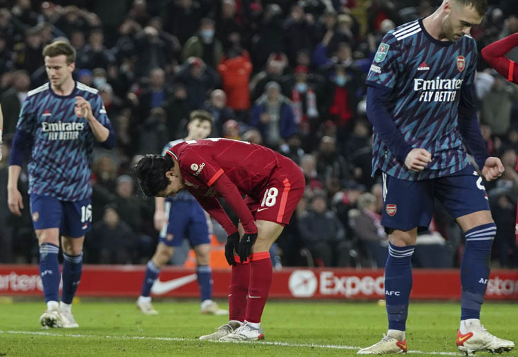 Liverpool’s Takumi Minamino missed a golden chance to win the game against Arsenal in the first leg of EFL Cup semi-final
