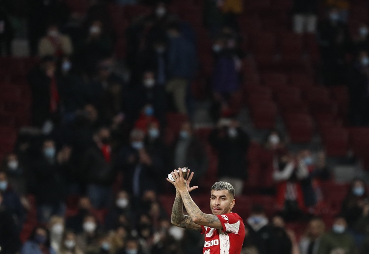 Atletico Madrid's Angel Correa aims to score against Manchester United in their Club Friendly match