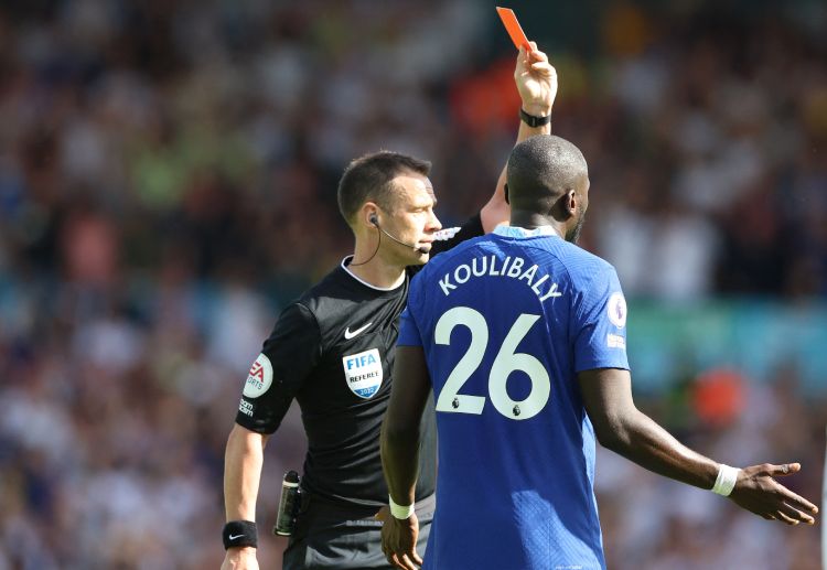 Kalidou Koulibaly walks off the pitch after receiving a red card in Chelsea's Premier League match against Leeds United