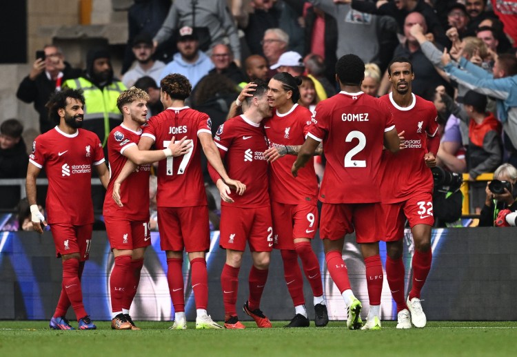 Liverpool celebrate a late comeback win against Wolves in the Premier League