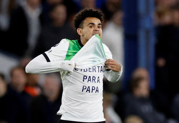 Luis Diaz lifts his t-shirt after scoring for Liverpool vs Luton Town in the Premier League