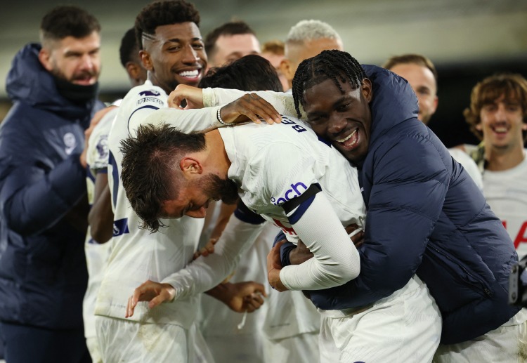 Players celebrate as Tottenham Hotspur beat Crystal Palace 2-1 in the Premier League