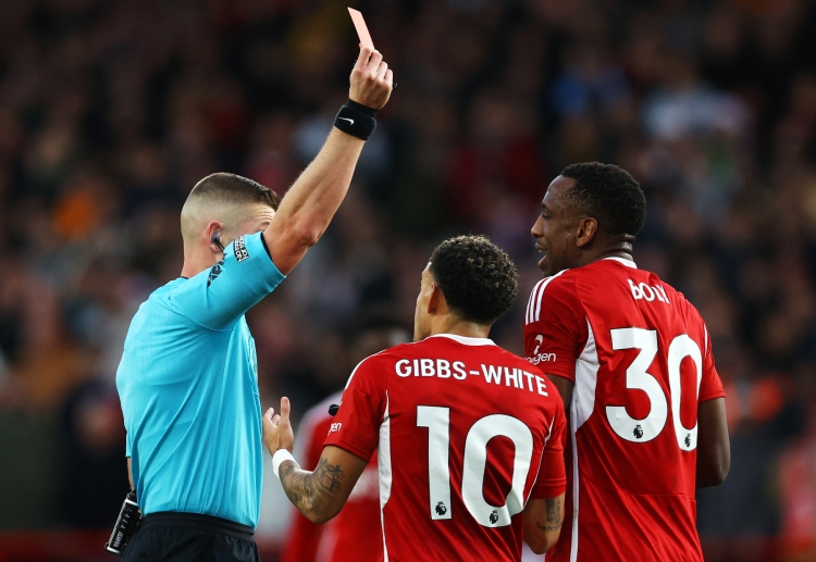 Willy Boly of Nottingham Forest received a red card in their Premier League match against Bournemouth at home